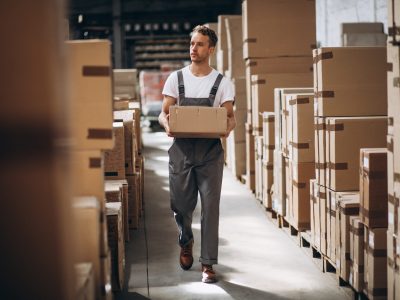 Young man working at a warehouse with boxes storage